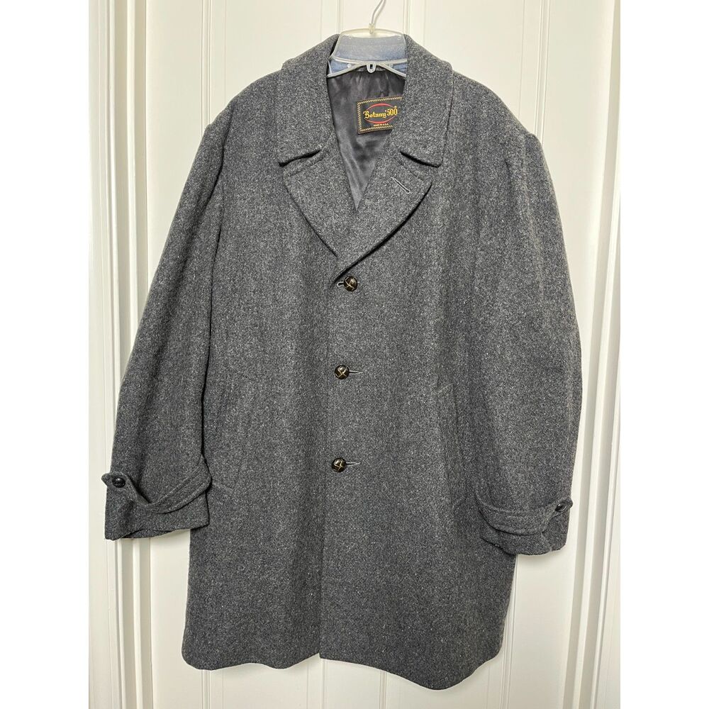Vintage Botany 500 Wool Blend Coat Mens 48R Gray Plaid Lined Made USA